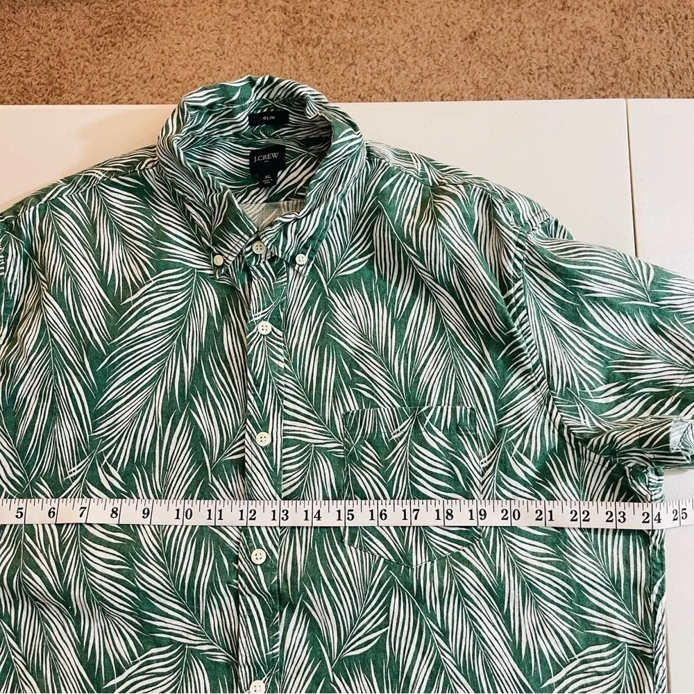 J. Crew Printed Short-Sleeve Slim Linen Blend Shirt Size XL Green/White Pockets